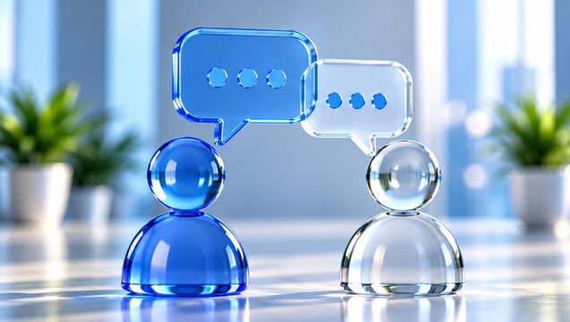 3D transparent glass human figures with speech bubbles engaging in business communication and dialogue, modern office background concept