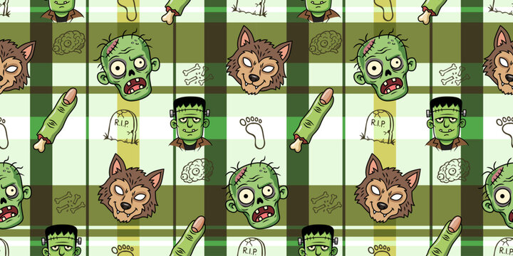 Spooky Zombie Frankenstein and Werewolf Seamless Pattern Green Plaid Halloween Background