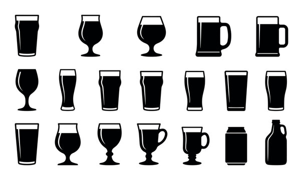 Craft beer glassware vector icons with pint glass, tulip glass and snifter for infographic design in silhouette style