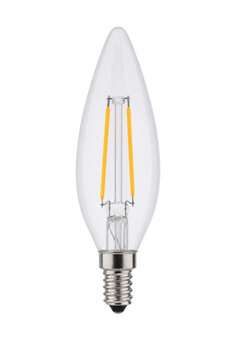 Clear glass candle-shaped LED filament light bulb with a silver screw base, isolated on a clean white background