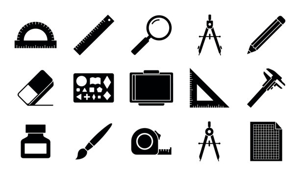 Cartography tools vector icons with protractor, ruler and compass for web design in silhouette style