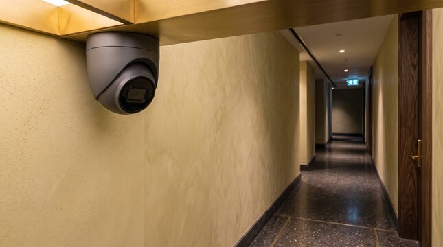 Discreet lobby camera above an empty arrival corridor