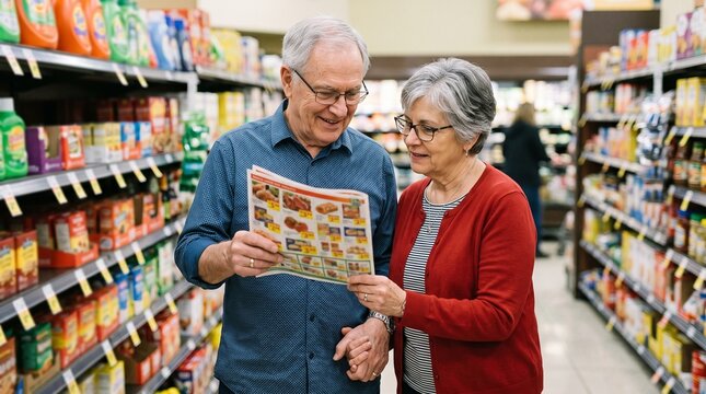 Senior couple looking at grocery store flyer together in aisle