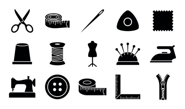 Tailor vector icons with scissors, measuring tape and sewing needle for mobile app design in silhouette style