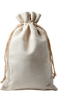 Empty beige fabric drawstring pouch isolated