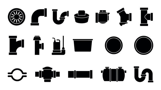 Household sewer system components vector icons with drain covers, pipe elbows and cleanout plugs for infographic design in silhouette style