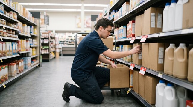 Grocery store worker stocking shelves with boxes and products
