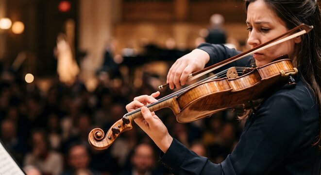 Passionate female violinist performing a captivating classical music piece on stage during a live concert event, with a blurred audience in the background