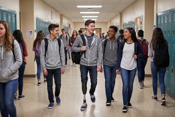 Fototapeta premium A group of four teenagers walks through a school hallway. They are dressed casually and smiling as they talk. Other students are nearby, engaging in their activities