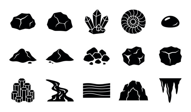 Geological and soil vector icons with rock, crystal and fossil for infographic design in glyph style