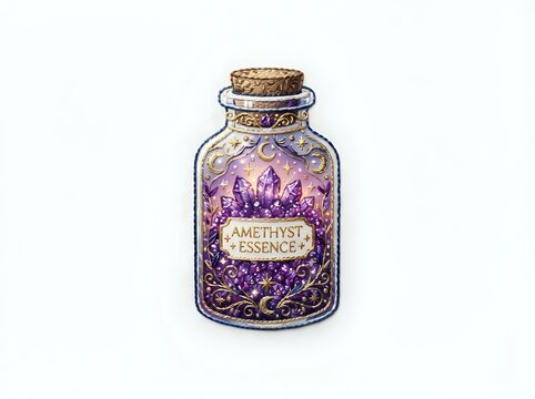 Decorative glass bottle with cork stopper containing purple amethyst crystals and essence