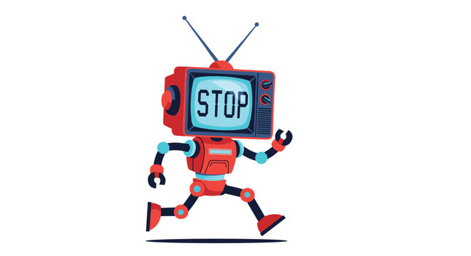 Digital illustration of a running robot with an old tv for a head showing a stop sign in a retro style art.