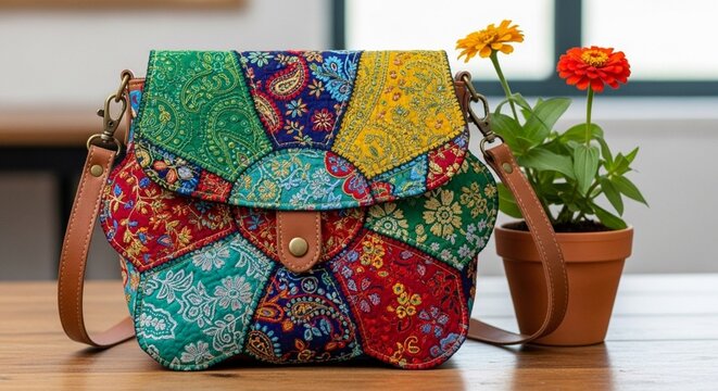 Vibrant bohemian patchwork fabric crossbody bag with leather straps displayed on a wooden table alongside a potted flower.