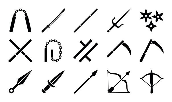 Martial arts weapons vector icons with nunchaku, katana and bo staff for infographic design in solid glyph style