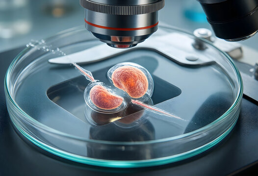 Infertility treatment and reproductive medicine, human embryo cell division under laboratory microscope for in vitro fertilization and genetic research