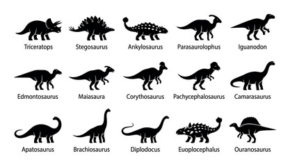 Fototapeta premium Herbivorous dinosaurs vector icons with Triceratops, Brachiosaurus and Apatosaurus for presentation design in silhouette style