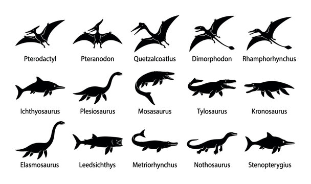 Prehistoric reptiles vector icons with Pterodactyl, Ichthyosaurus and Mosasaurus for infographic design in solid glyph style
