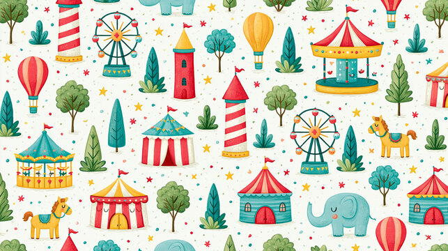 Colorful circus-themed pattern featuring animals, tents, and attractions.