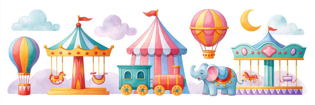 Colorful carnival scene with a carousel, train, elephant, and hot air balloons.