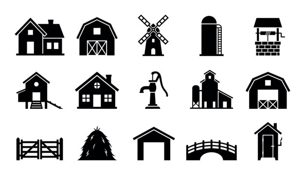 Village architecture vector icons with farmhouse, barn and silo for mobile app design in silhouette style