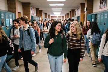 Fototapeta premium Two girls walk side by side through a crowded school hallway. Students chat and move around lockers as they navigate between classes. It is a typical school day