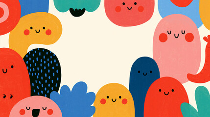 Fototapeta premium Colorful, playful cartoon characters with smiling faces on a light background.