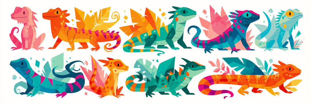 Playful colorful lizards in various styles and poses with vibrant patterns.