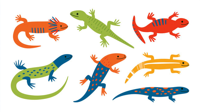 Colorful stylized lizards in various poses and colors, showcasing unique patterns.