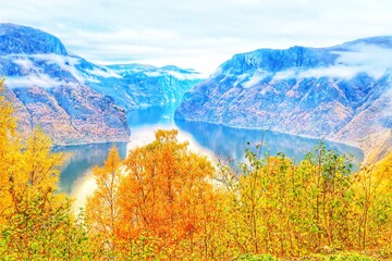 Obraz premium Autumn Panorama over Aurlandsfjord – Norway