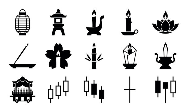 Japanese candlestick design icons with chōchin lantern, tōrō stone lantern and koto-shaped candlestick for graphic design in silhouette style