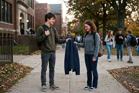 Two teenagers stand on a school sidewalk in fall. One teenager holds out a jacket to the other. Students walk by in the background