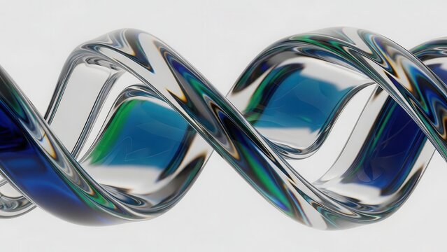 A transparent glass double helix structure with blue and green accents, resembling a DNA strand, against a white background.