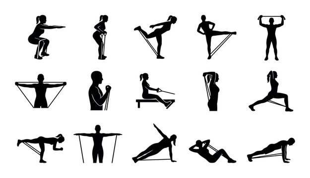 Fitness and exercise UI elements with squatting with band, standing row and glute kickback for web design in solid glyph style.
