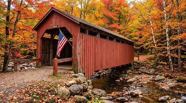 Rustic red covered bridge decorated with an american flag surrounded by vibrant autumn forest foliage