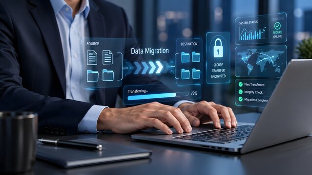 Data migration photo of businessman typing on laptop with secure transfer digital interface