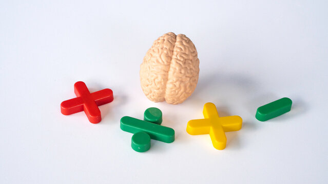 Human Brain Model Surrounded by Colorful Mathematical Operation Symbols Concept of Logic and Educational Learning