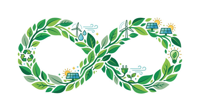 Green infinity symbol made of leaves with renewable energy icons representing sustainability and circular economy
