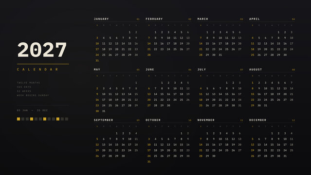2027 Calendar Black and Gold Monospace Year Planner