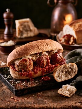 A meatball sub with sauce sits on a dark board. Rustic props surround the dish, creating a warm atmosphere in a cozy setting.