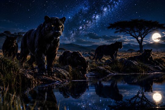 Black panther howling at night