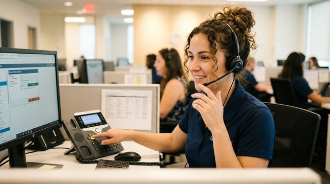 Agent placing a caller on brief hold politely at an insurance company