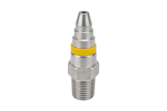 Shiny silver metal quick connect air coupling with a yellow ring, photographed vertically on a clean white background