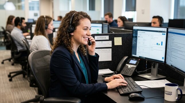 Agent typing while nodding along to the caller at an insurance company