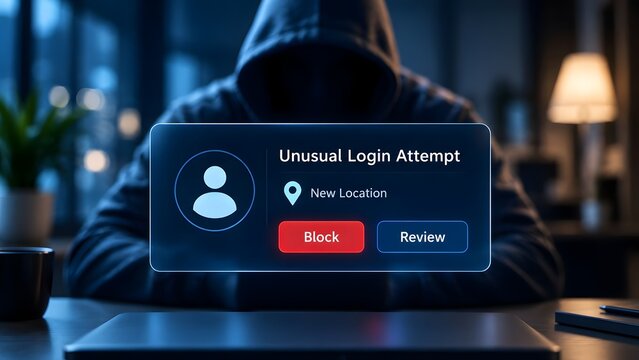 Identity theft prevention dashboard detecting unauthorized login attempt blocking cybercriminal hacker access on laptop screen