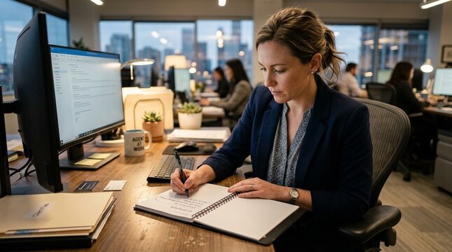 Agent jotting a reminder to follow up tomorrow at a customer service call center