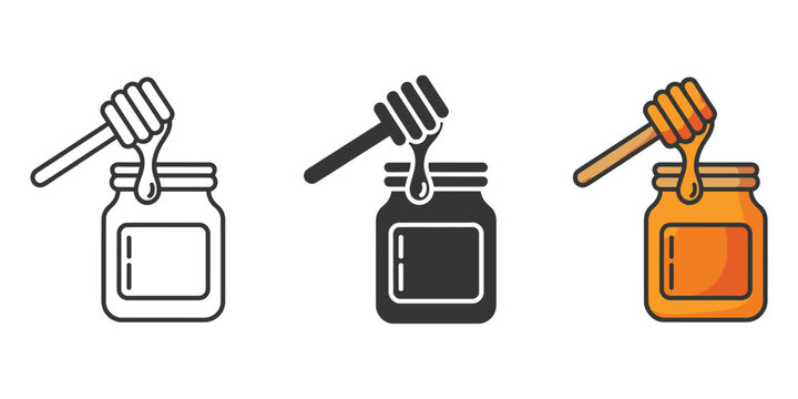 Honey jar, vector icon set with honey dipper for breakfast menus, healthy food blogs, natural sweetener, organic food, nutrition, EPS10.  