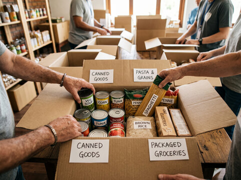 Community volunteer group organizing food donations for distribution in a local pantry