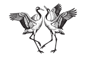 Fototapeta premium Two dancing red crowned cranes with wings spread, a pair of graceful cranes depicted