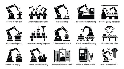 Fototapeta premium Industrial robotic arm icons illustrating automated assembly lines and smart factory manufacturing processes for heavy production facilities.