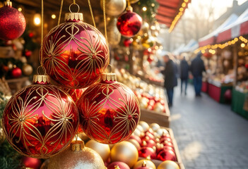Obraz premium Christmas market shopping and holiday season celebration, red and gold baubles hanging at a festive street fair with blurred crowds in the background